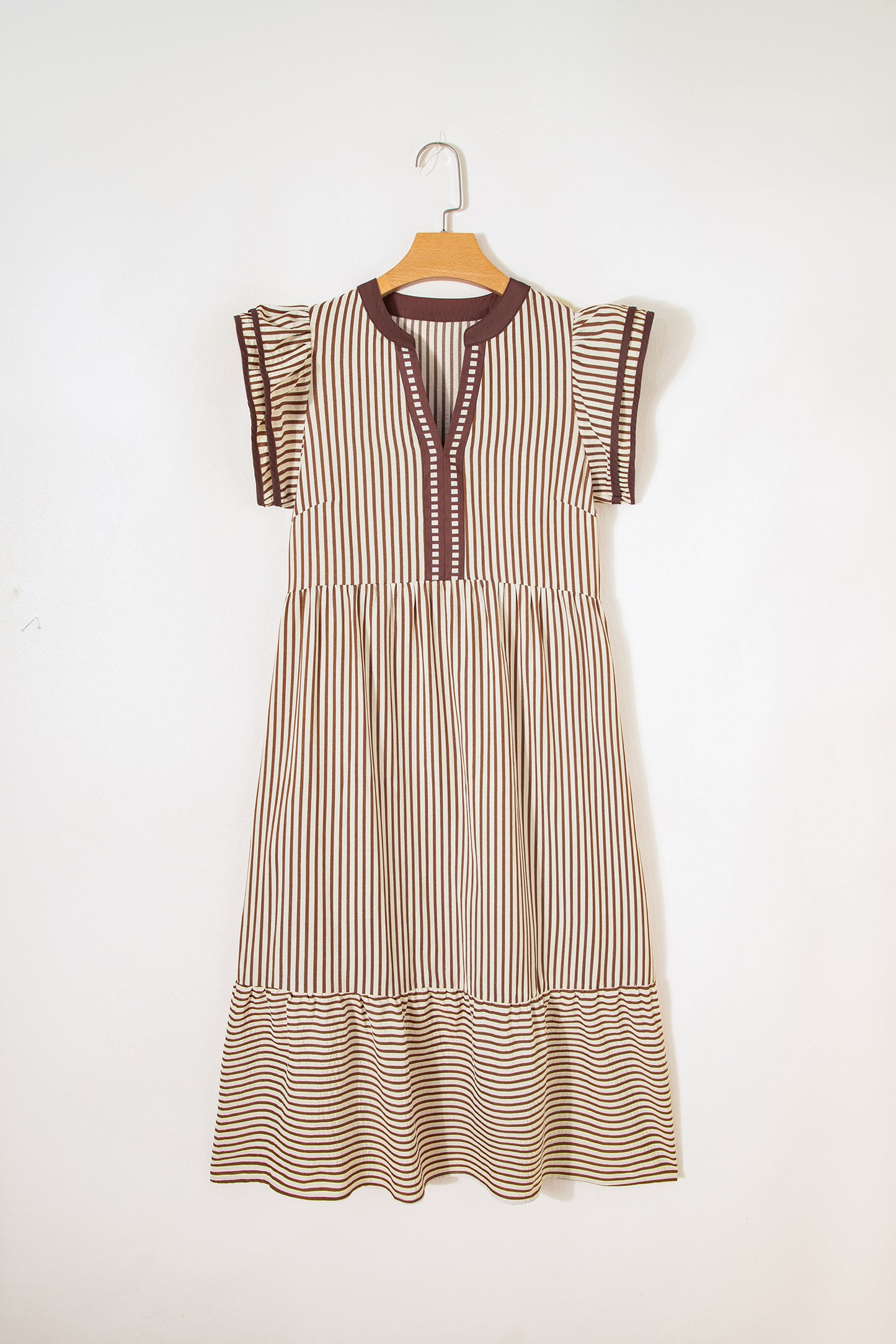Stripe Double Ruffled Short Sleeve Contrast Trim V Neck Midi Dress