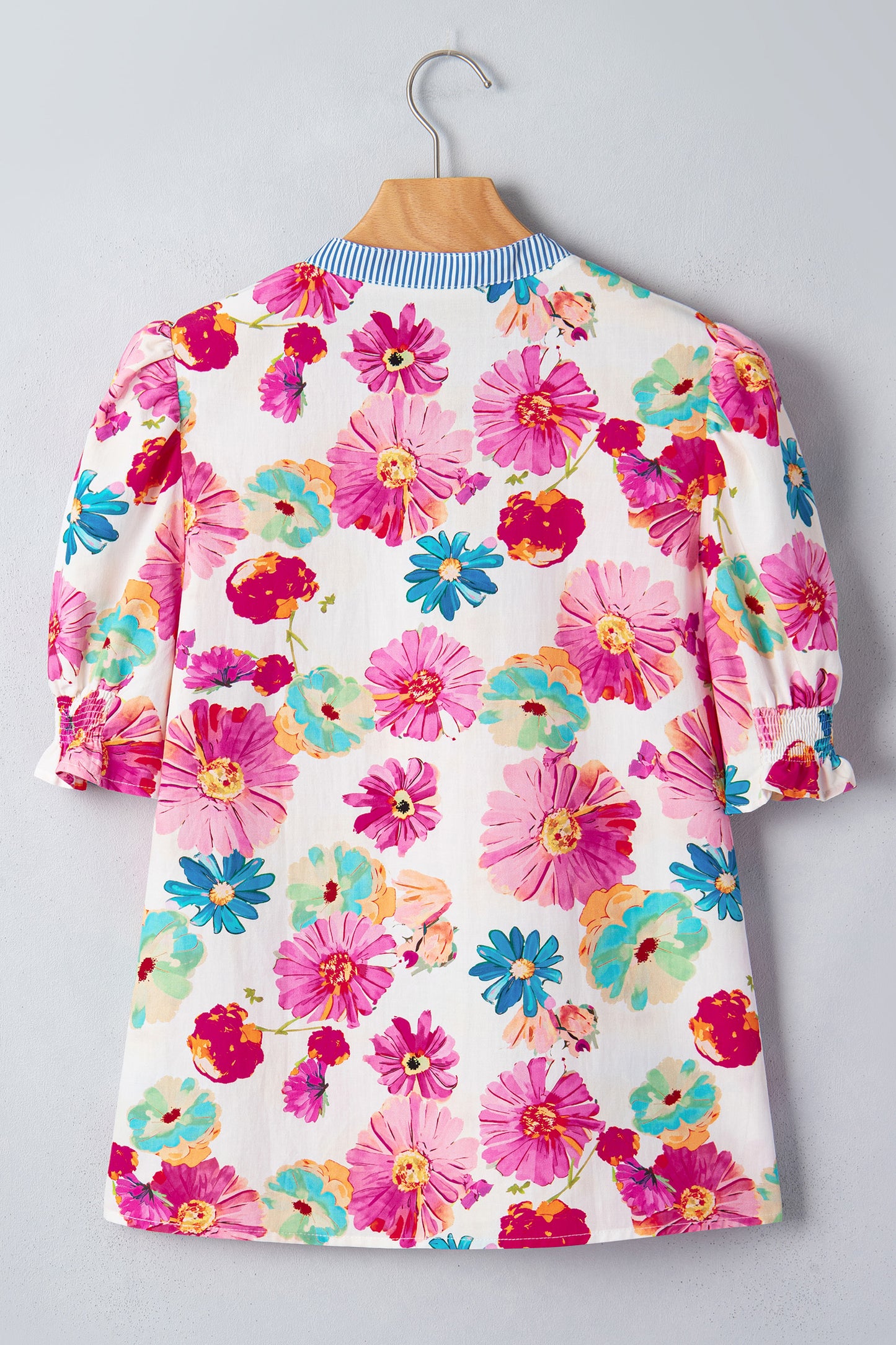 Beige Floral Print Puff Sleeve V-Neck Blouse