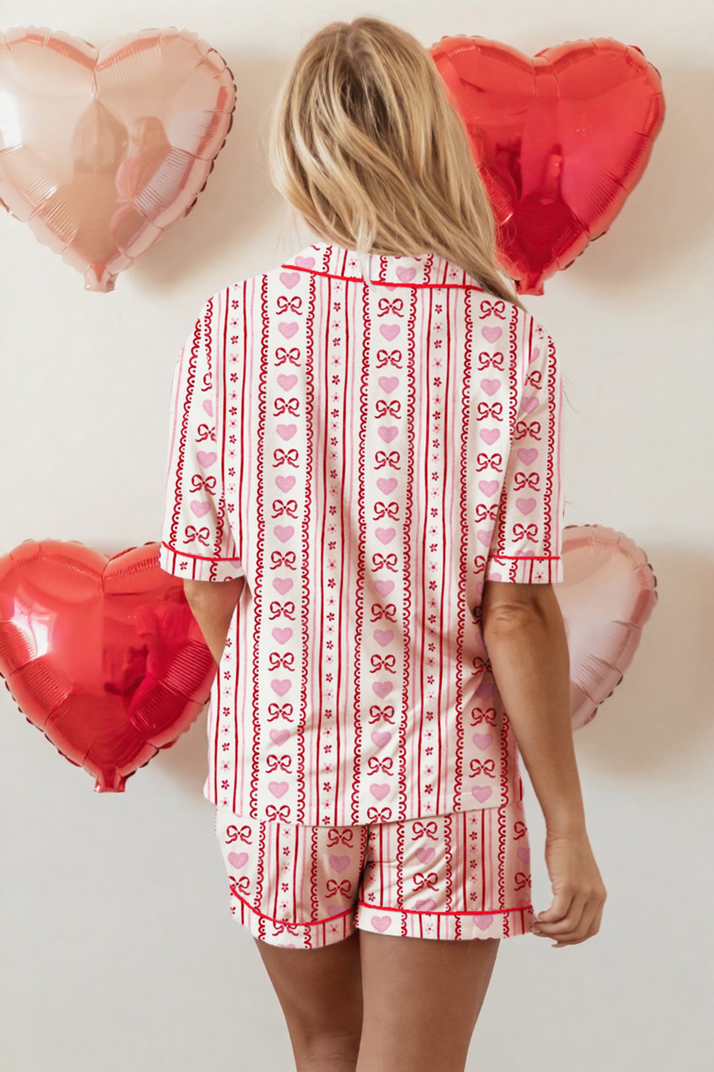 Bow Heart Print Ribbon Decor Short Pajama Set - Red