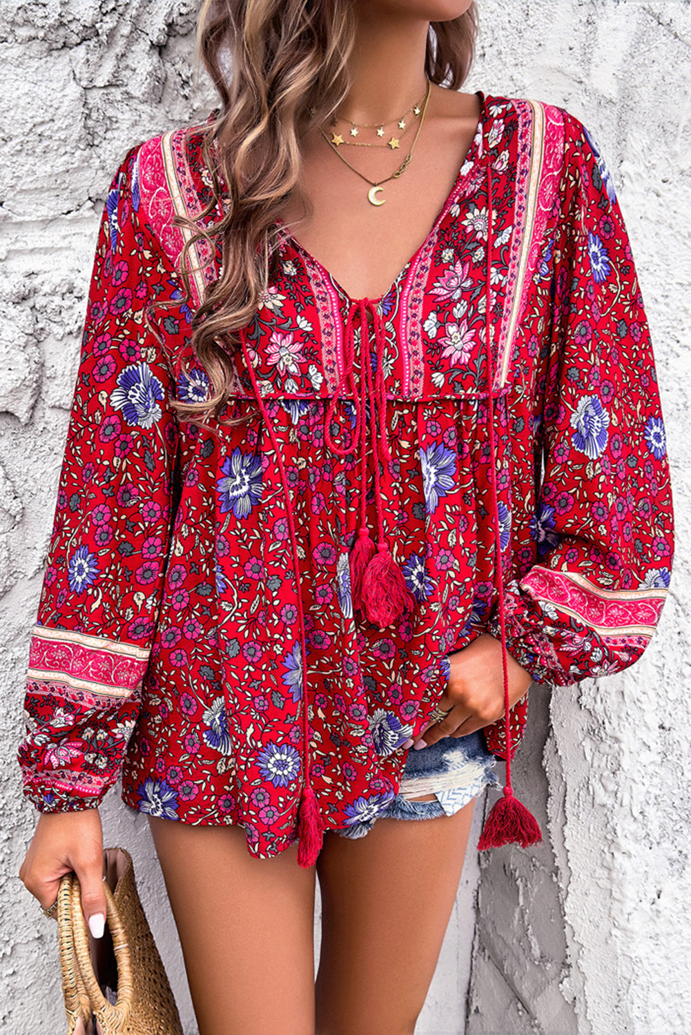 Floral Print Tassel Tie Front Long Sleeve Blouse