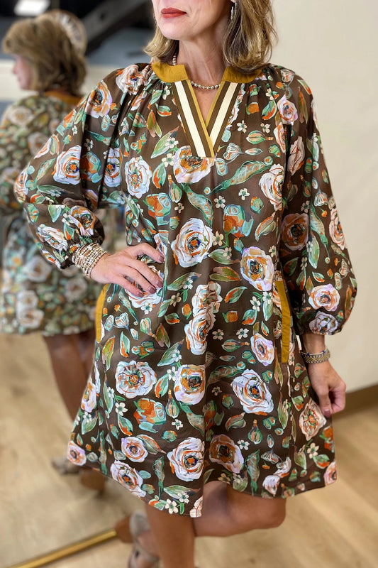 Floral Print Contrast Trim V Neck Pocketed Long Sleeve Mini Dress