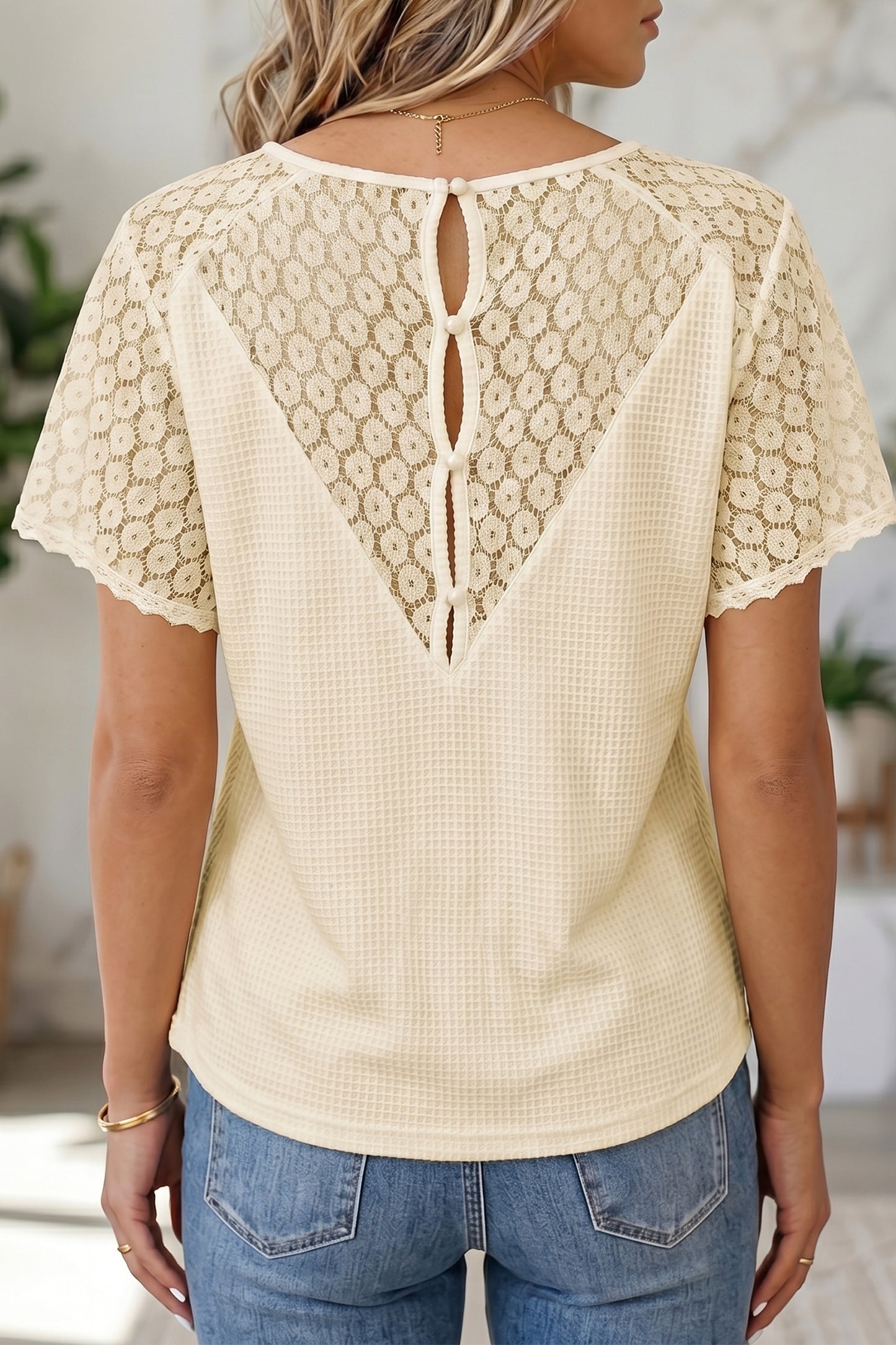 Lace Trim Button Cutout V-Neck Waffle Knit Blouse