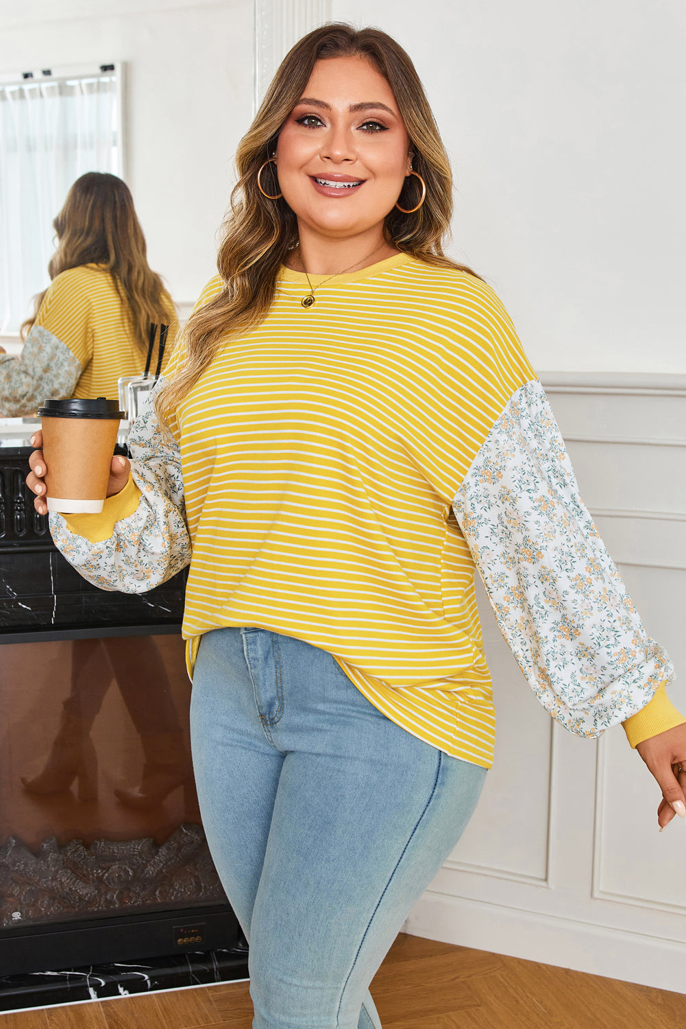 Striped Contrast Floral Sleeve Patchwork Plus Size Loose Top