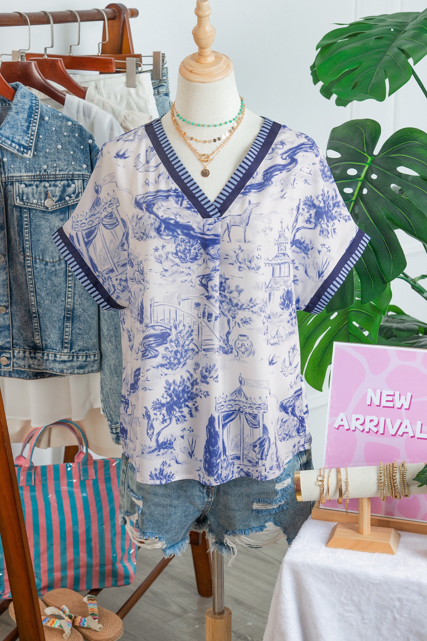 Blue Animal Print Striped Trim V-Neck Blouse