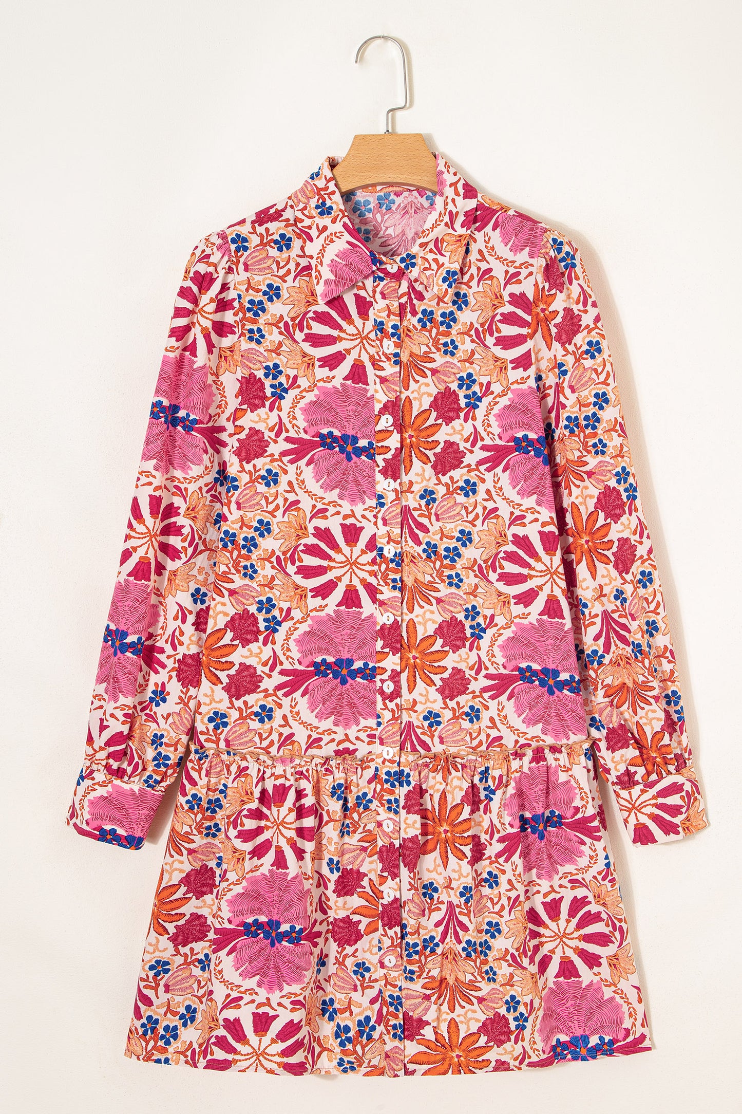 Red Autumn Flower Print Long Sleeve Mini Dress