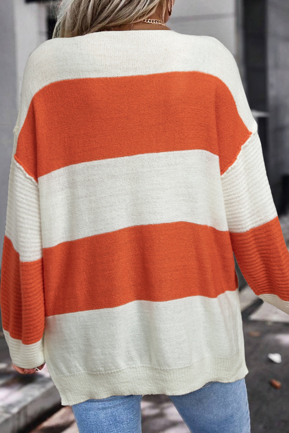 Green Stripe Loose Color Block Drop Shoulder Bubble Sleeve Sweater
