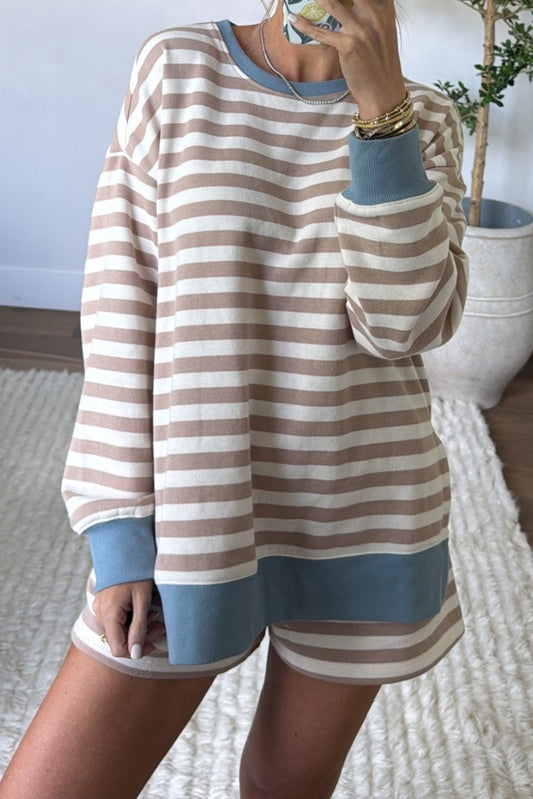 Khaki Stripe Colour Block Oversized Pullover and Shorts Set
