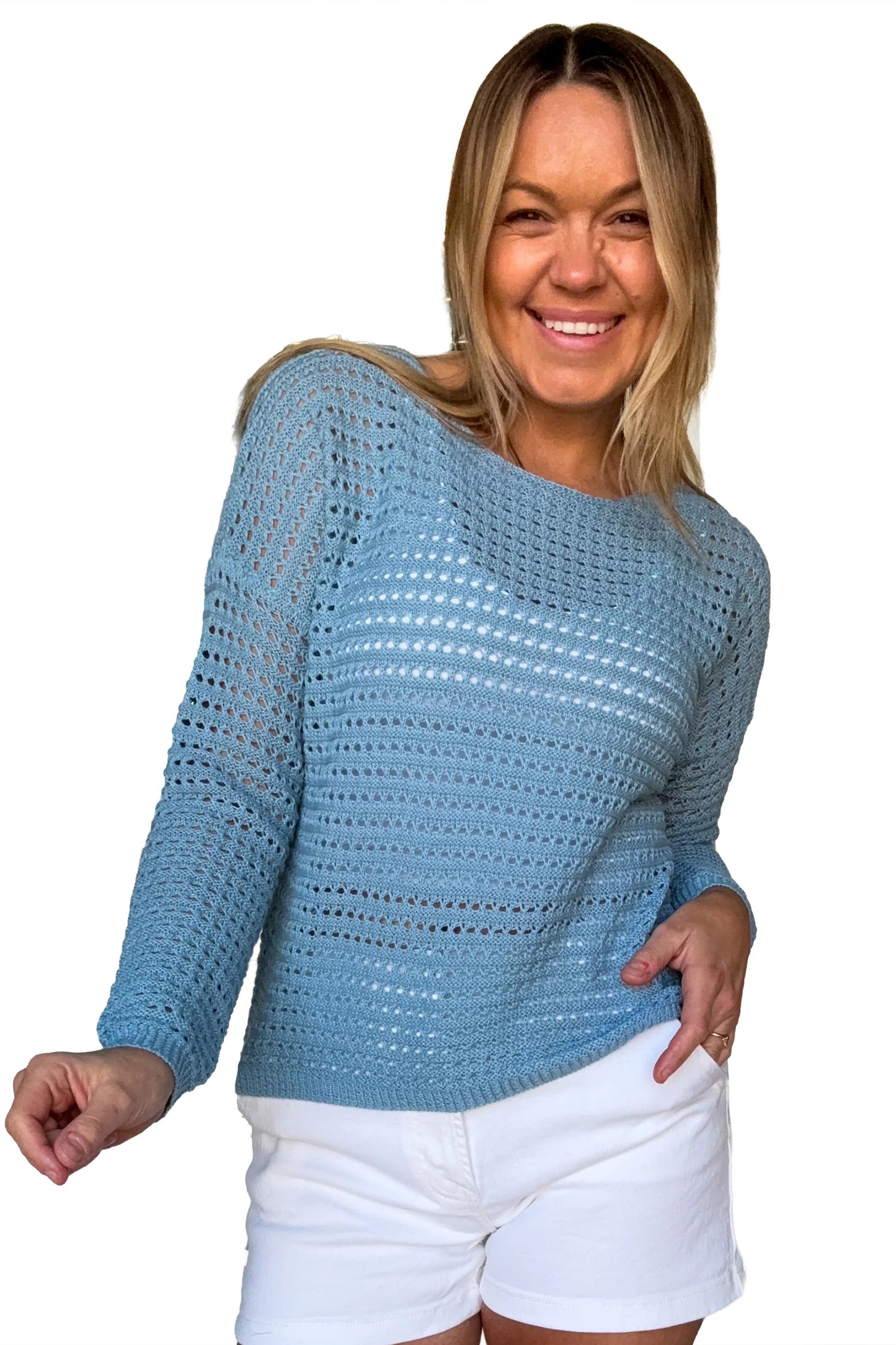 Periwinkle Crochet Knit Round Neck Pullover Sweater