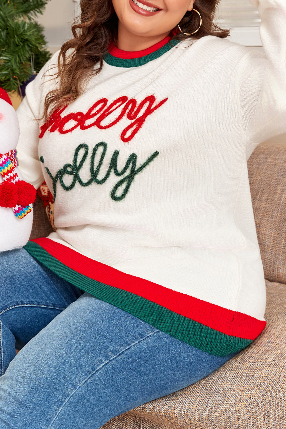 White Tinsel Holly Jolly Pattern Colorblock Drop Shoulder Sweater - Plus Size