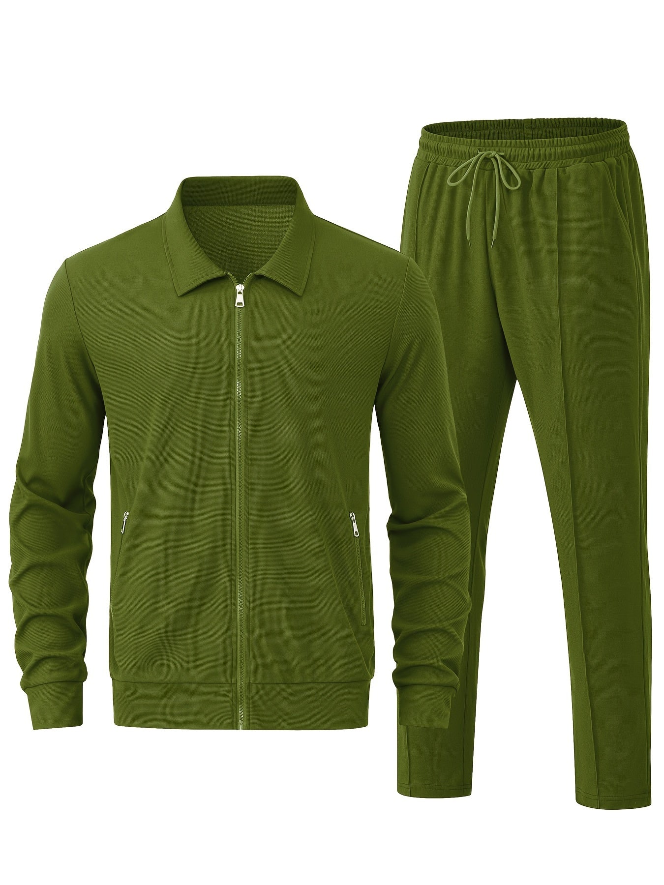 Men's Solid Waffle 2Pcs Athletic Outfit, Zip-up Jacket & Trousers Co ord Set