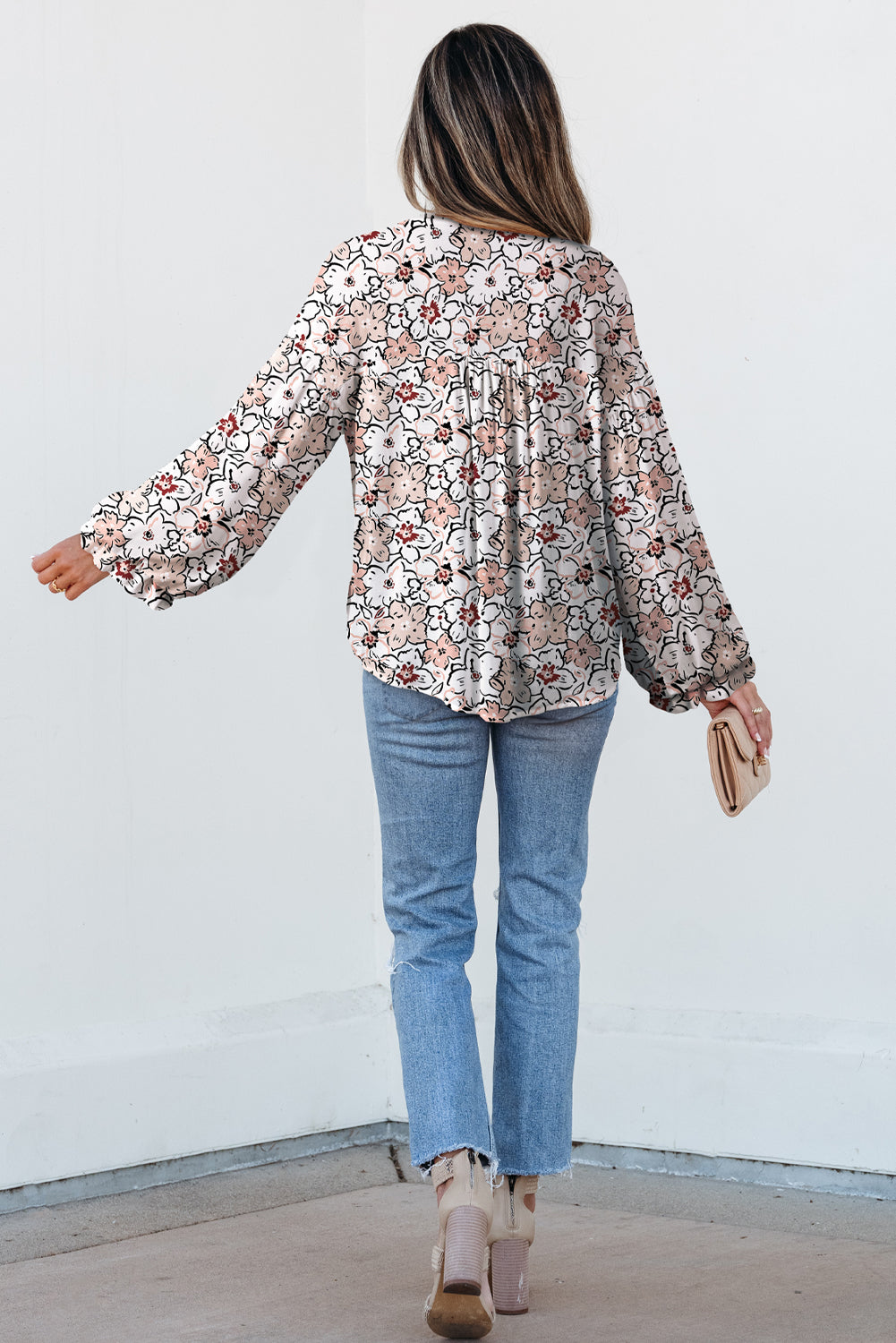 Bold Floral Print Frilled Puff Sleeve Button Down Shirt - Khaki