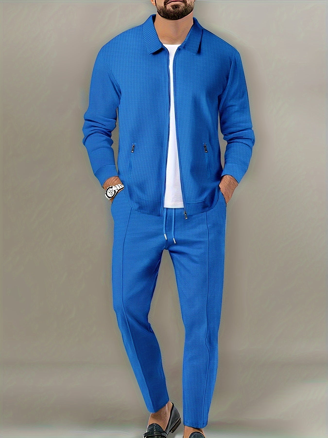 Men's Solid Waffle 2Pcs Athletic Outfit, Zip-up Jacket & Trousers Co ord Set