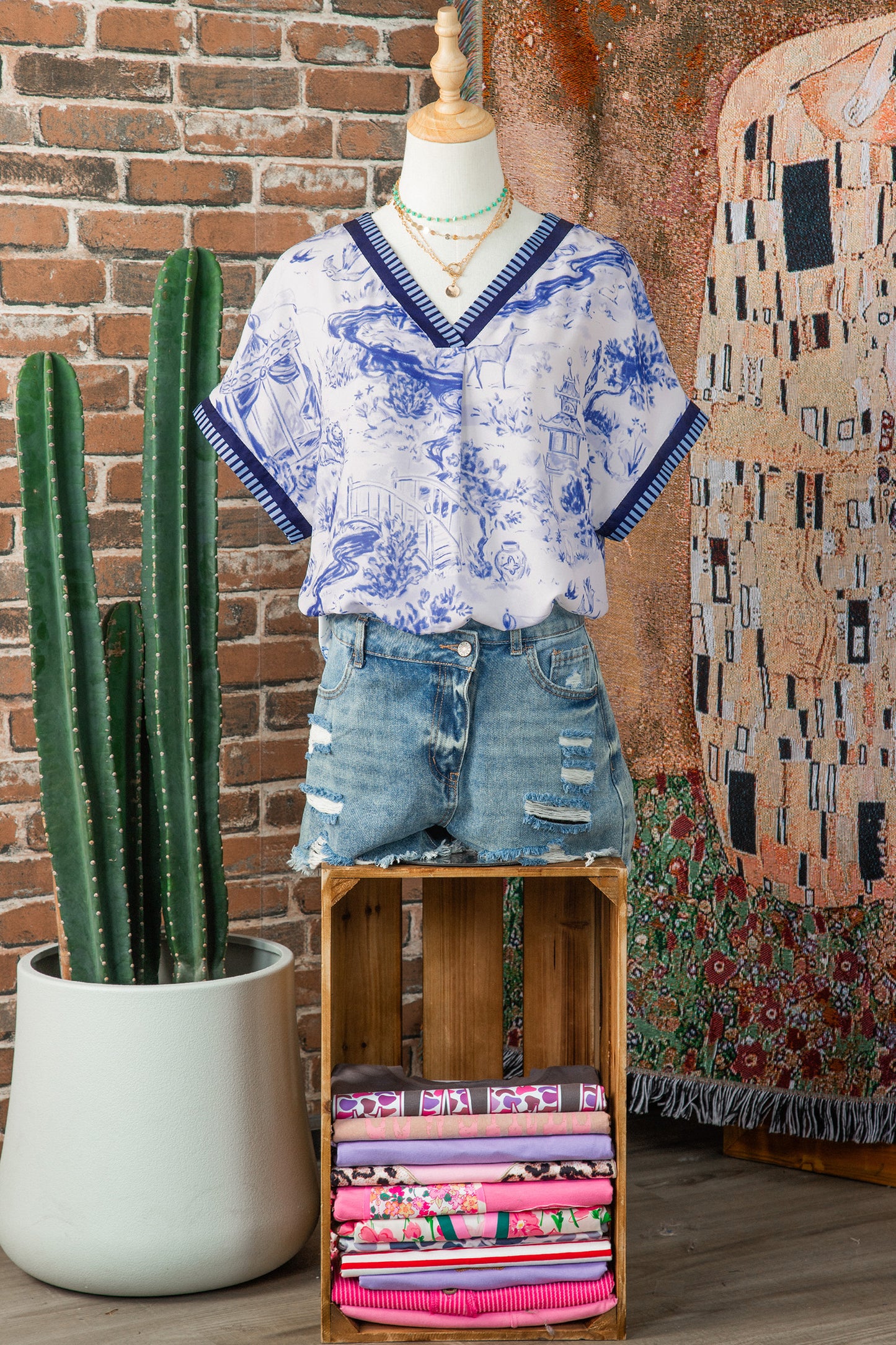 Blue Animal Print Striped Trim V-Neck Blouse