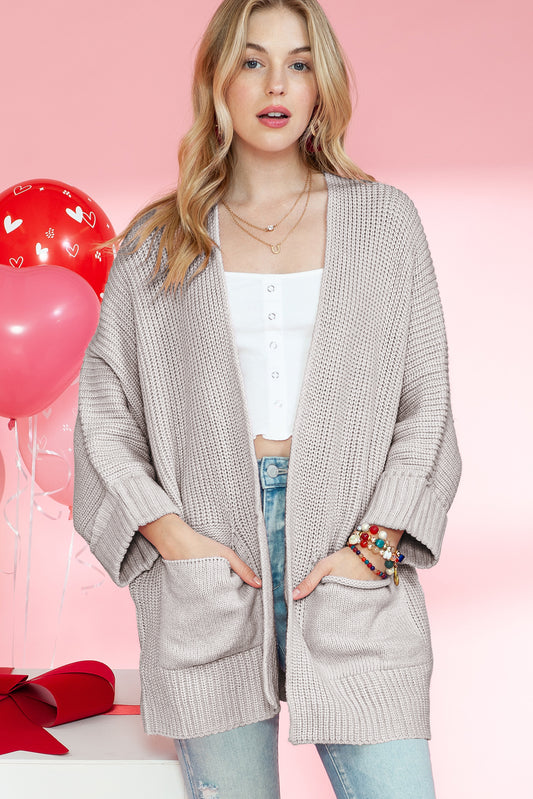 Grey Batwing Sleeve Oversized Cable Knit Cardigan with Pockets