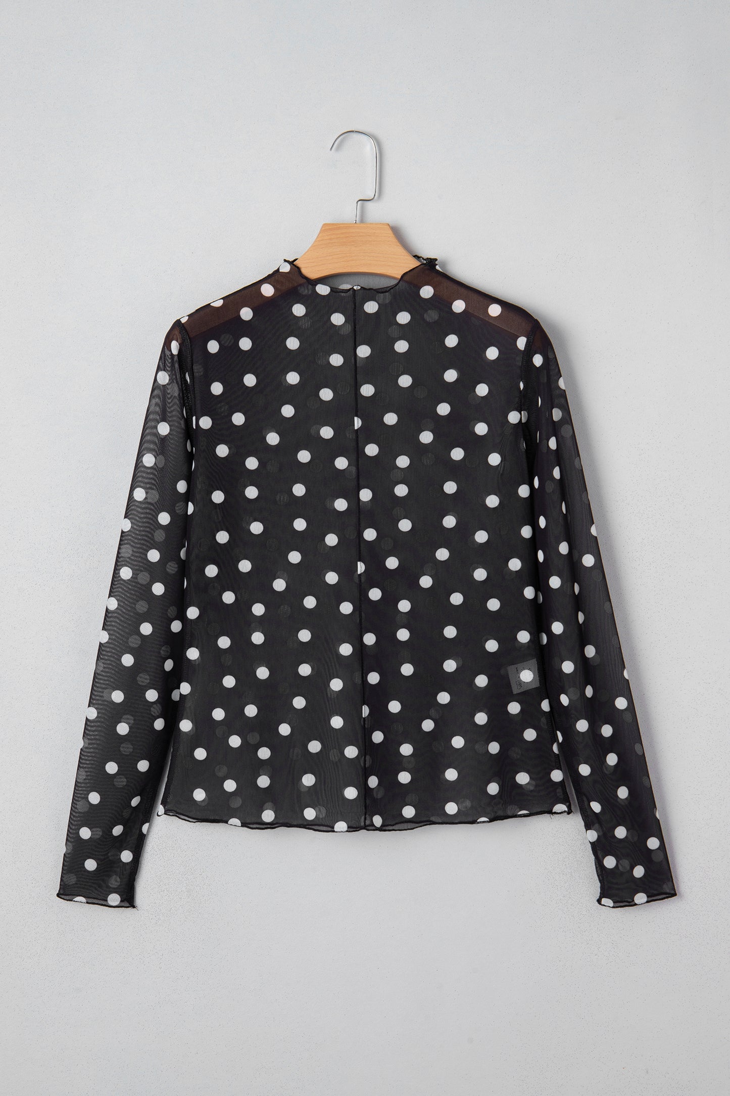Polka Dot Patterned Bodycon Mock Neck Mesh Long Sleeve Top