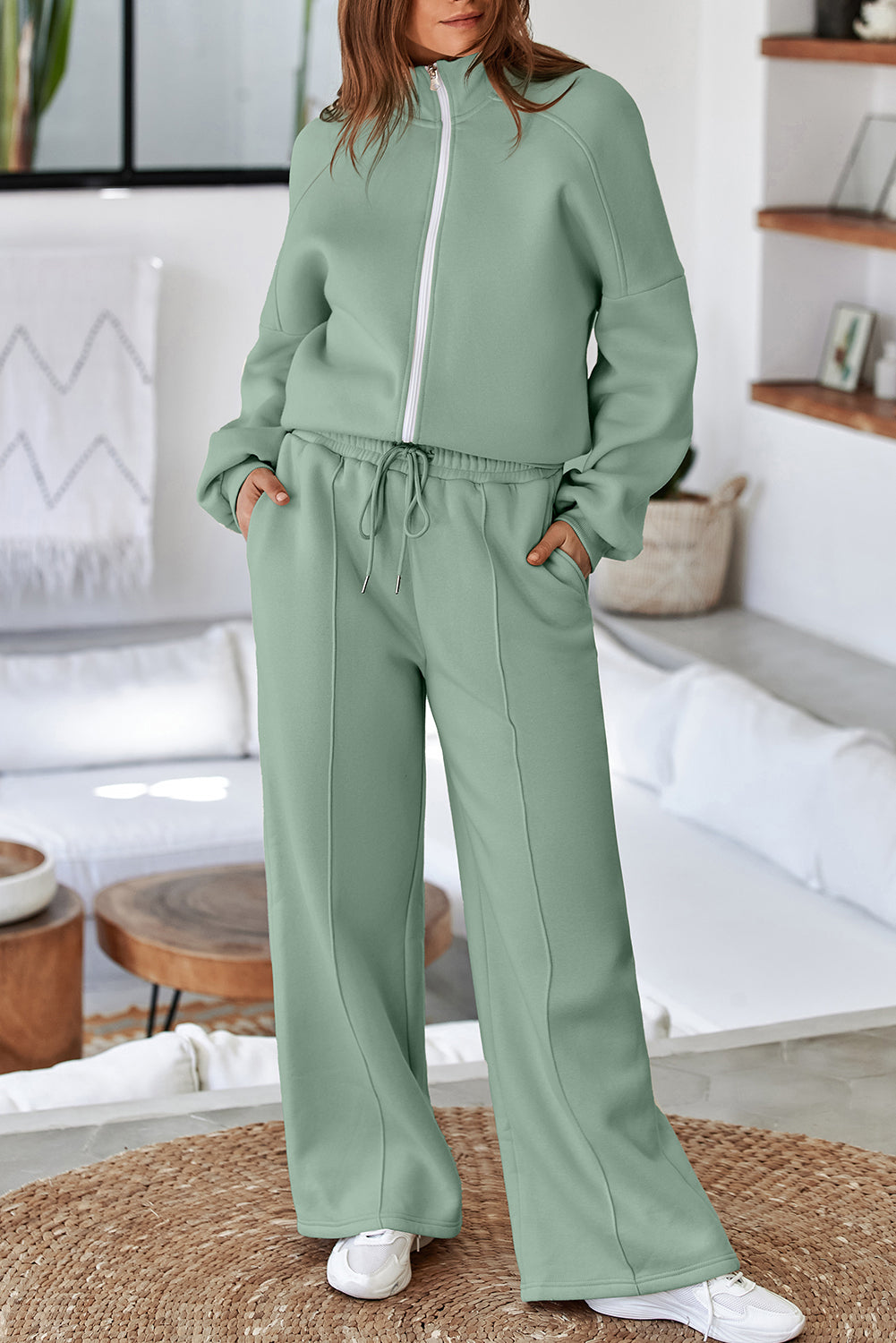 Drop Shoulder Zip Up Jacket & Drawstring Pants Active 2-Piece Set