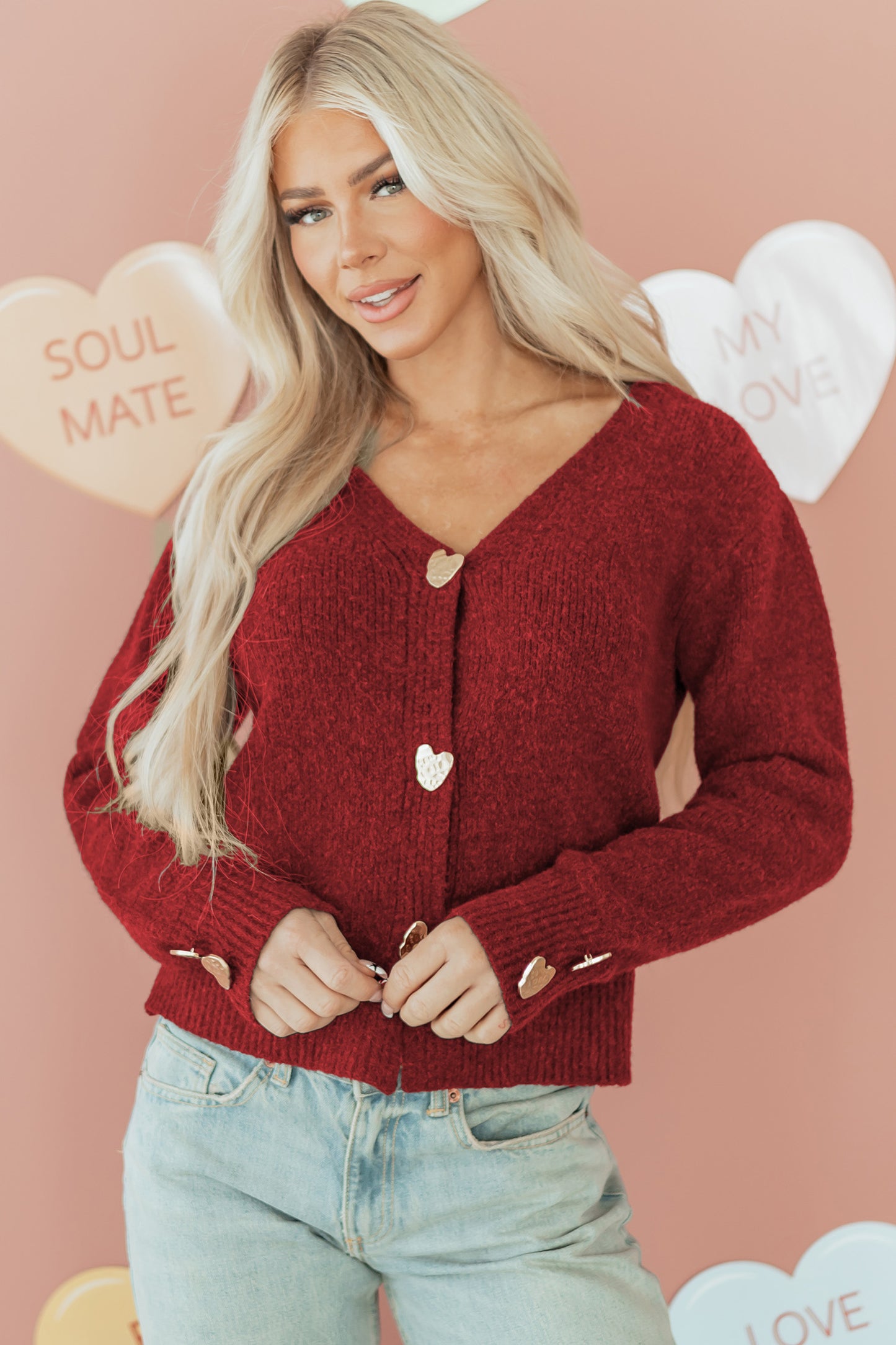 Heart Metal Button V-Neck Cardigan Sweater
