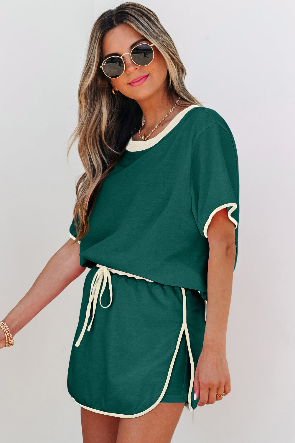 Turquoise Colourblock Edge Drop Shoulder T-Shirt and Skort 2-Piece Set