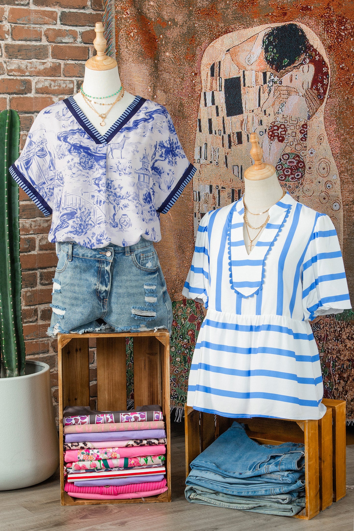 Blue Animal Print Striped Trim V-Neck Blouse