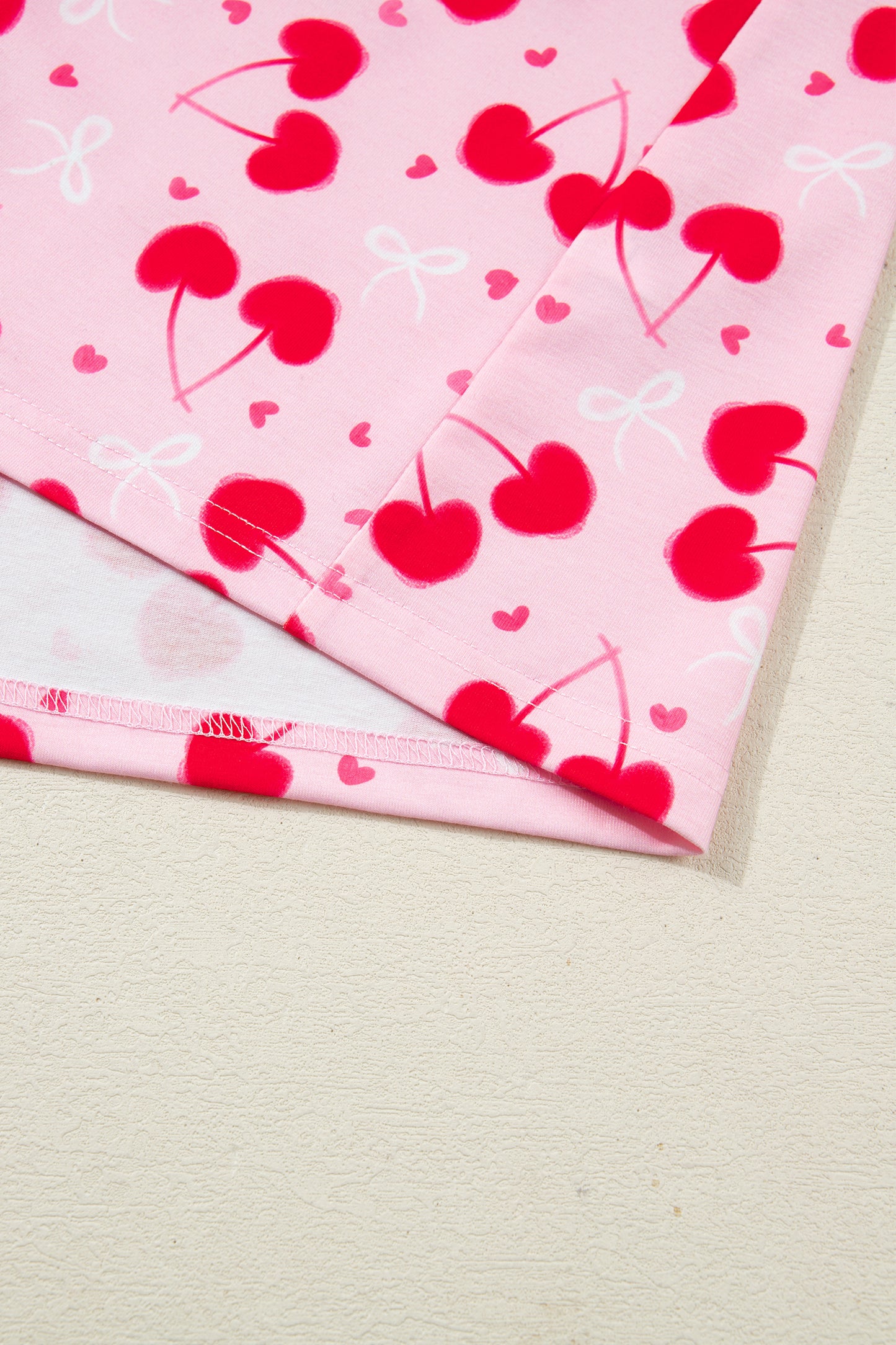 Cherry Bow Mixed Print Scalloped Edge Short Pajama Set