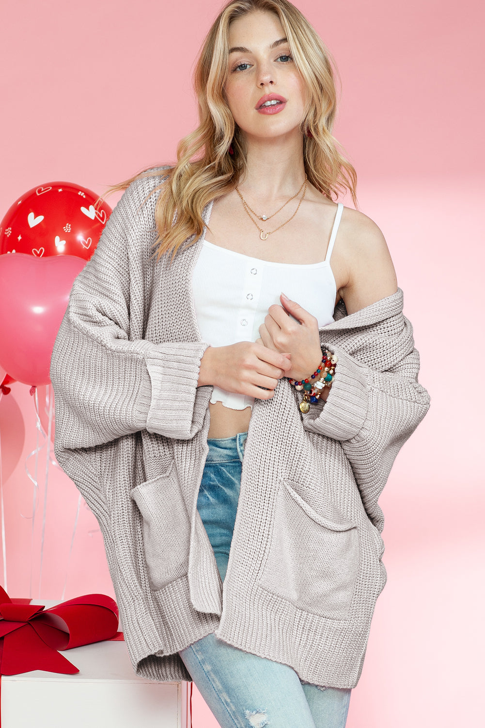 Grey Batwing Sleeve Oversized Cable Knit Cardigan with Pockets