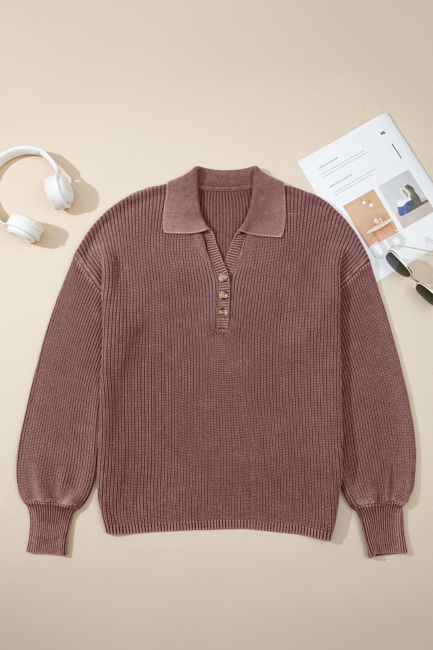 Mineral Washed Knit Button Polo Collar Loose Sweater - Dark Brown