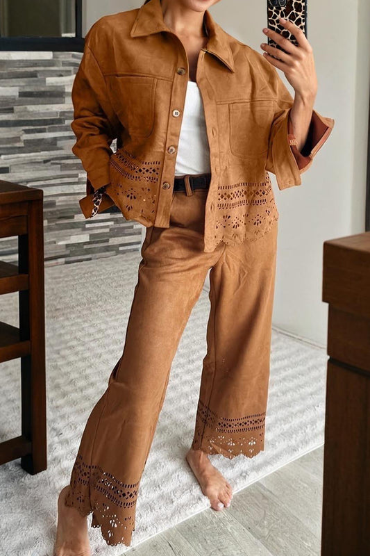 Faux Suede Hollowed Detail Retro Jacket - Thai Curry