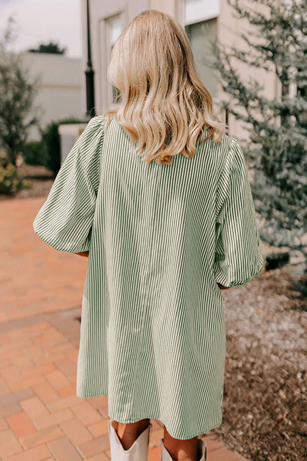 Stripe Color Block Patchwork Shirt Collar Puff Sleeve Mini Dress