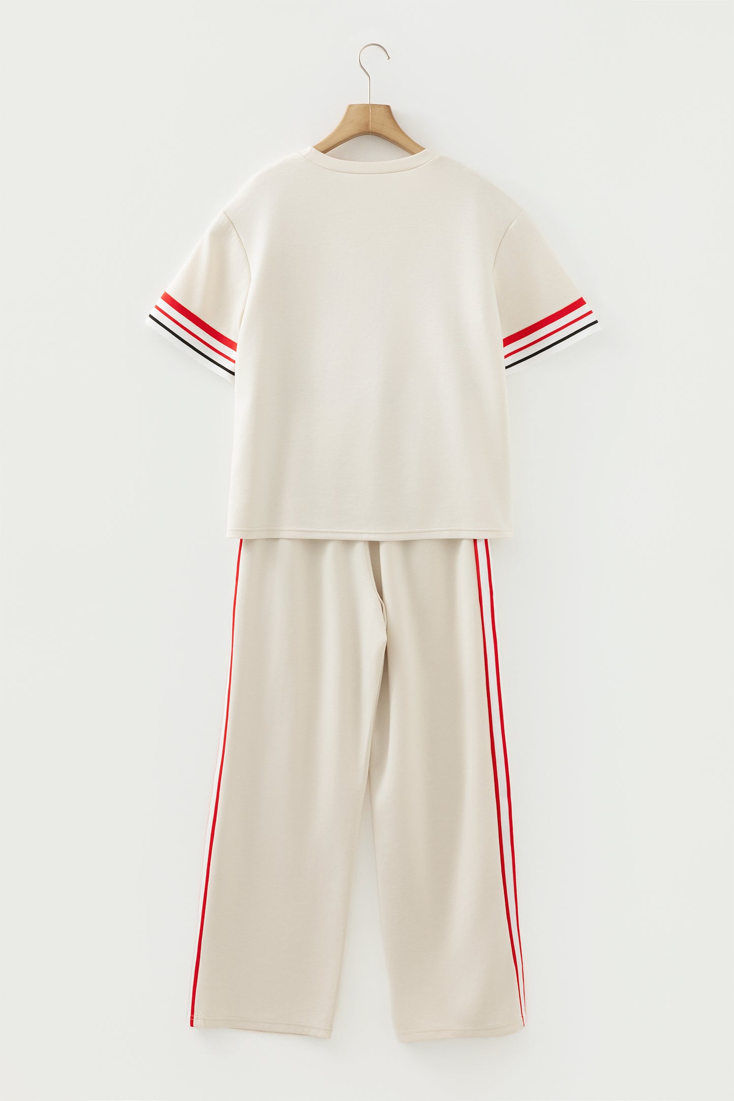 Contrast Striped Trim Crewneck T Shirt Loose Straight Pants Set