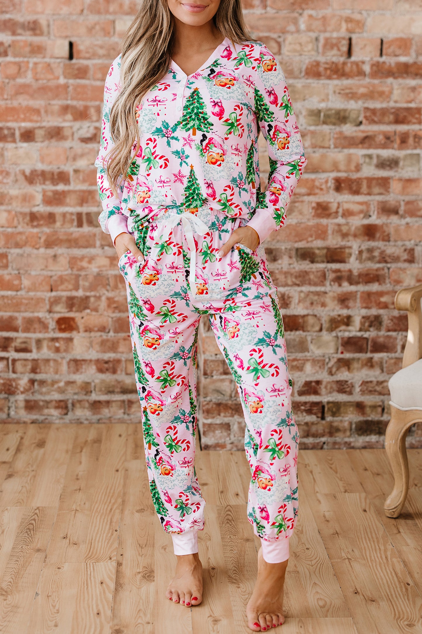 Pink Christmas Pattern Button V Neck Pullover and Drawstring Pants Lounge Set