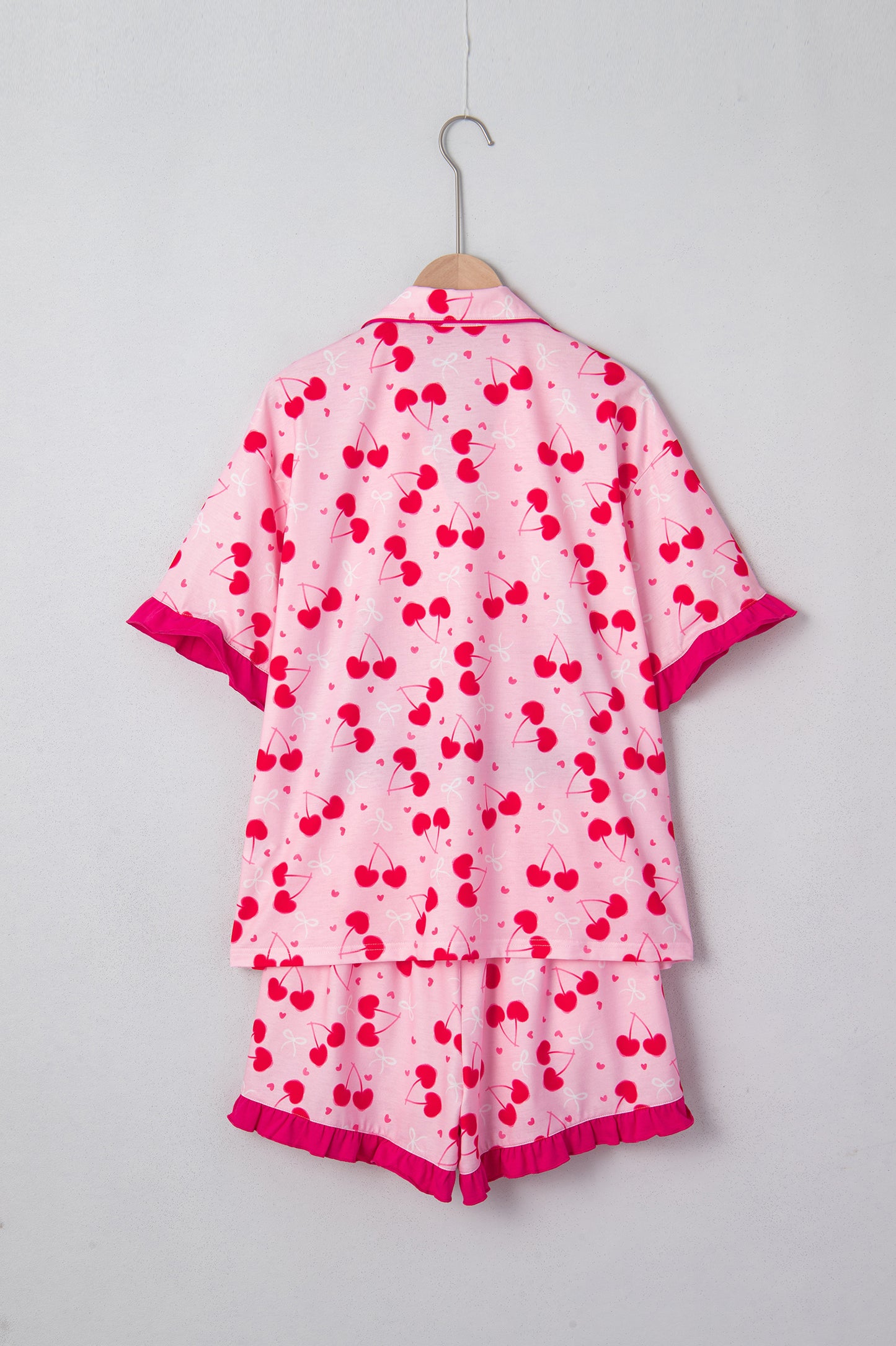 Cherry Bow Mixed Print Scalloped Edge Short Pajama Set