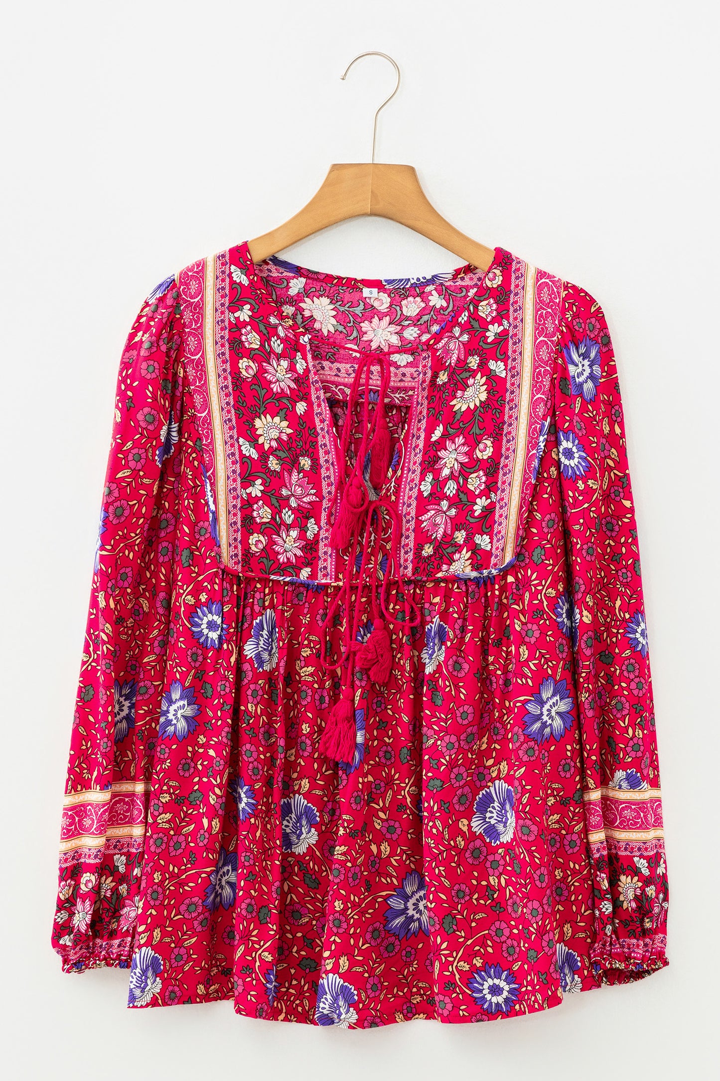 Floral Print Tassel Tie Front Long Sleeve Blouse