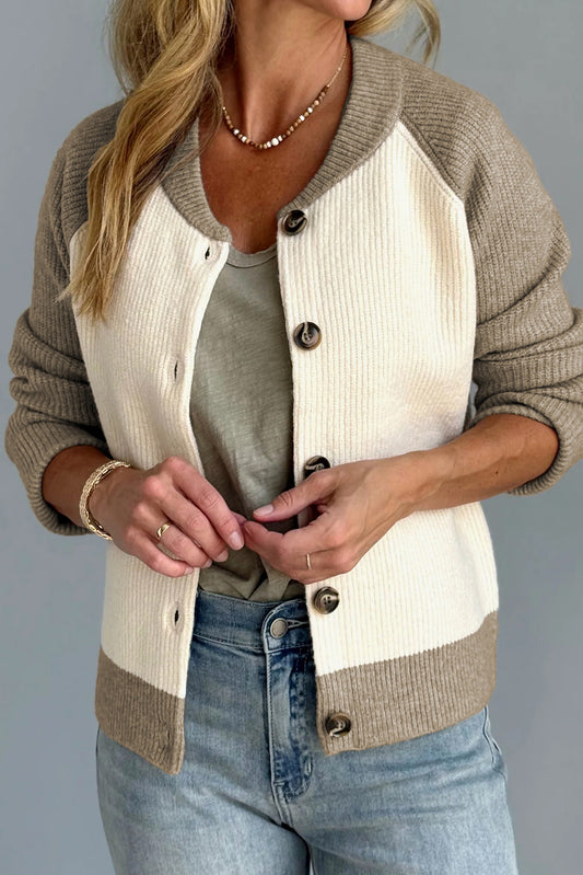 Color Block Ribbed Knit Button Down Sweater Cardigan