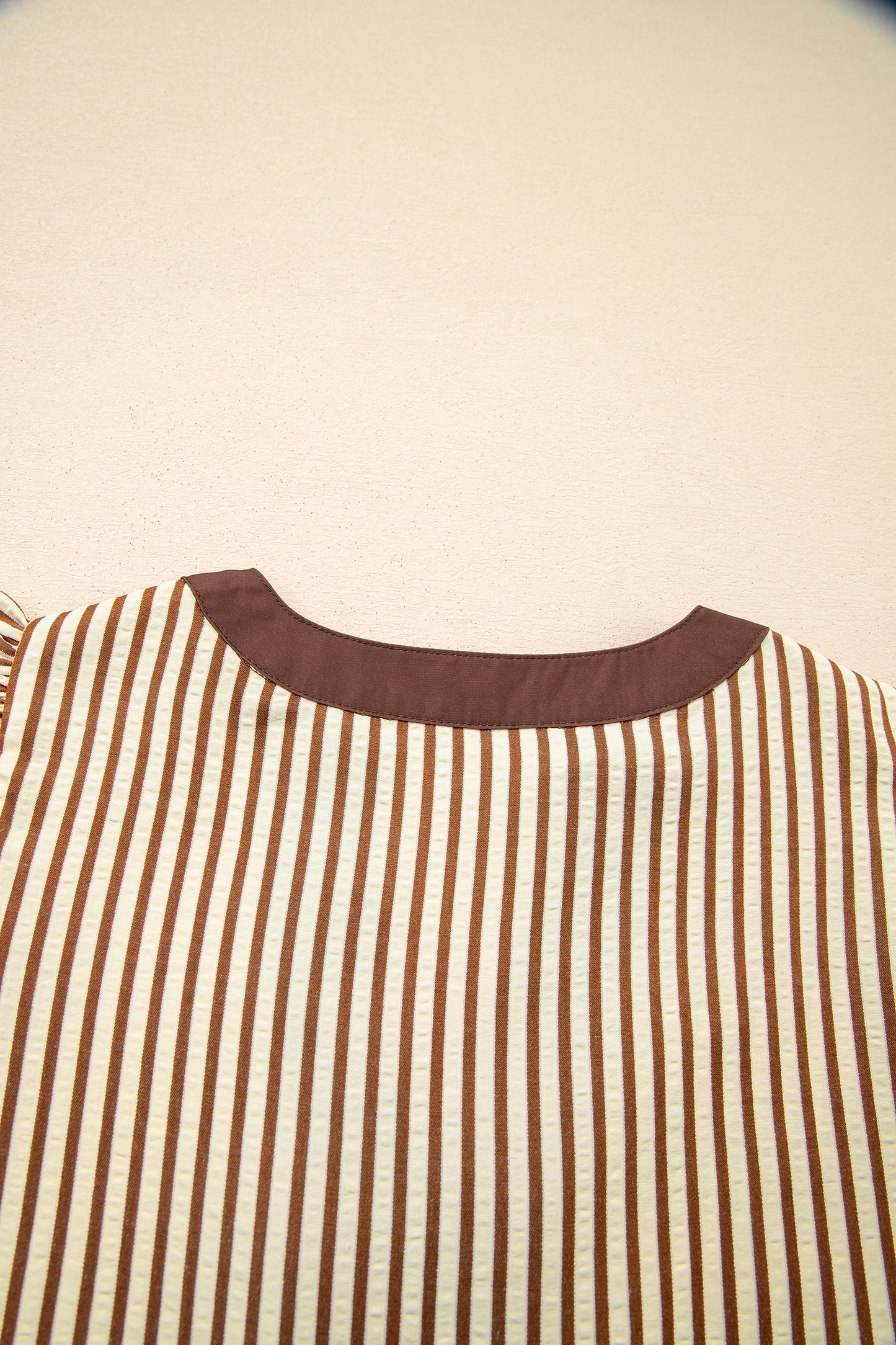 Stripe Double Ruffled Short Sleeve Contrast Trim V Neck Midi Dress