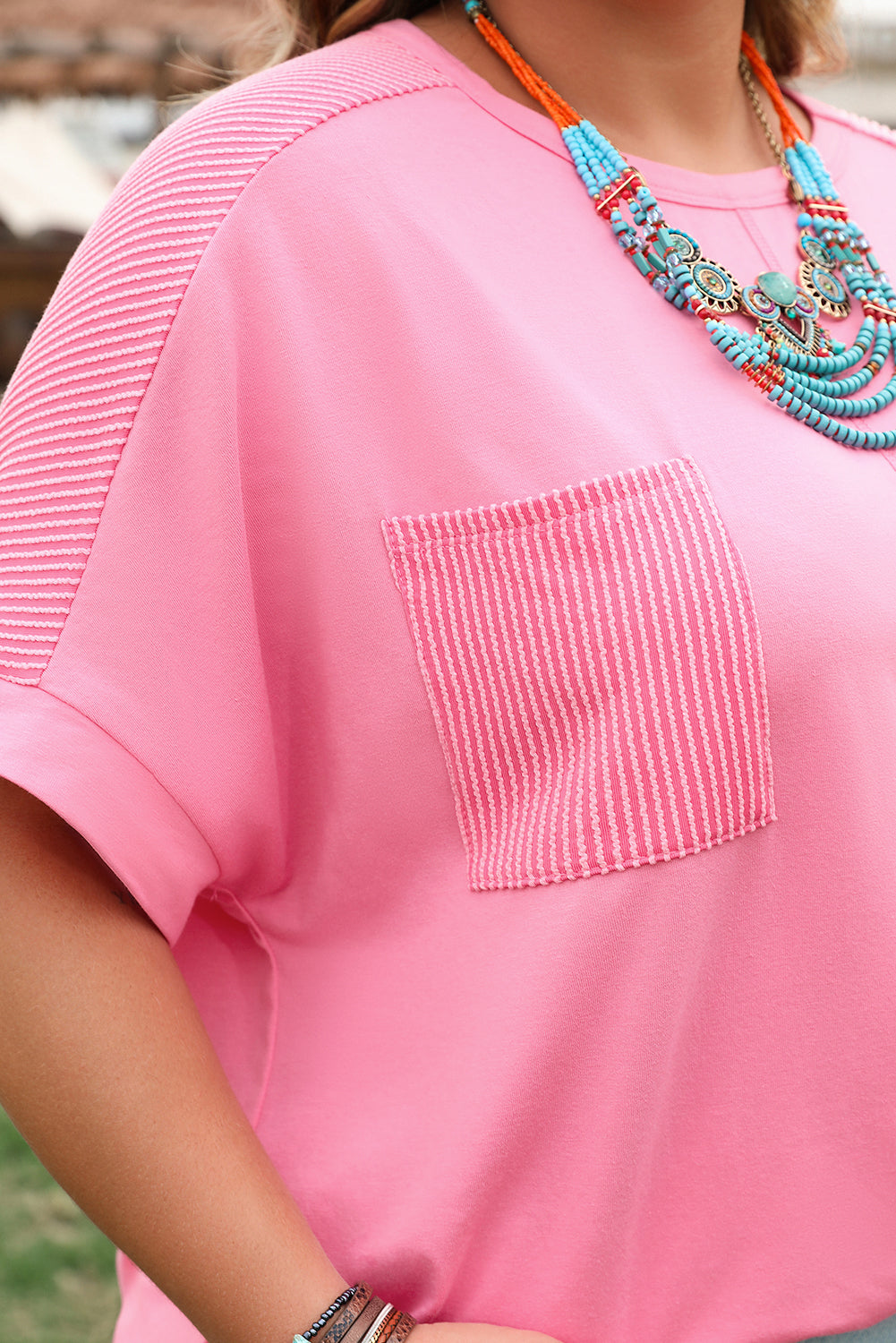 Corded Patchwork Pocketed Plus Size T Shirt