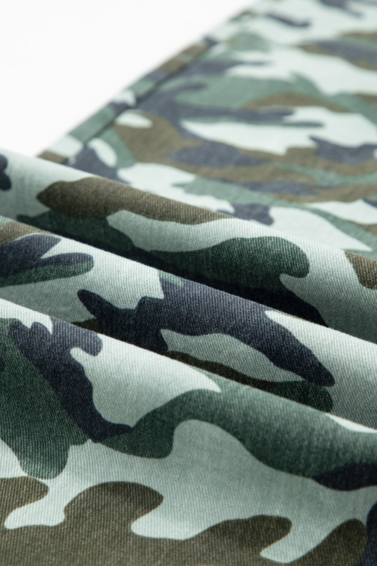 Camouflage Print Wide Leg Drawstring Denim Pants - Green
