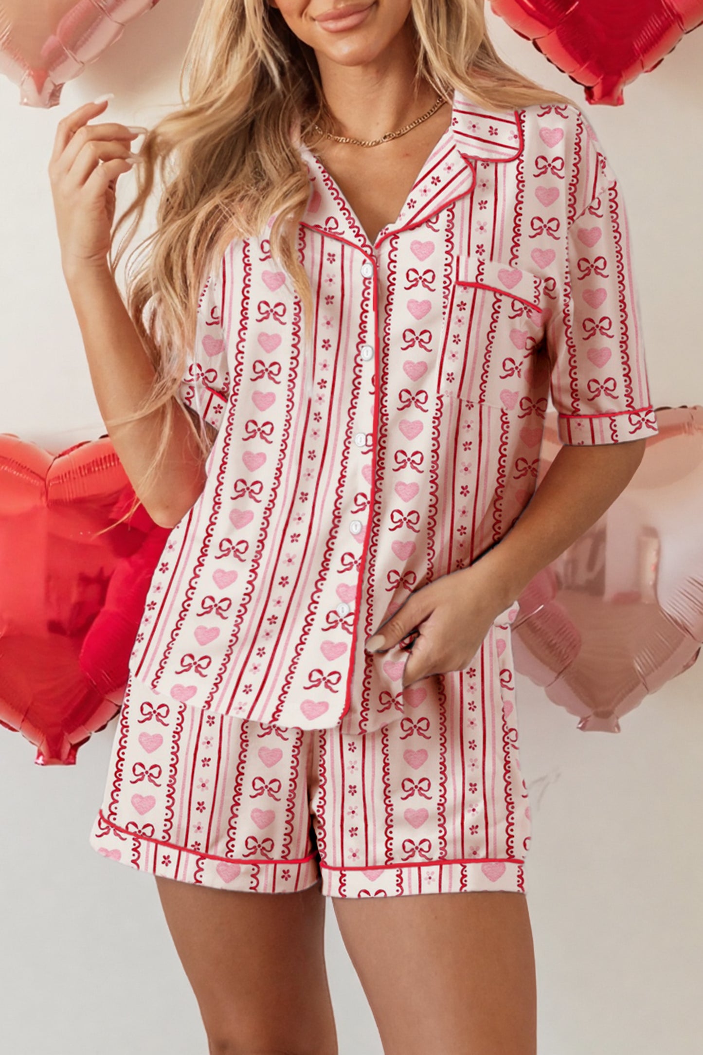 Bow Heart Print Ribbon Decor Short Pajama Set - Red