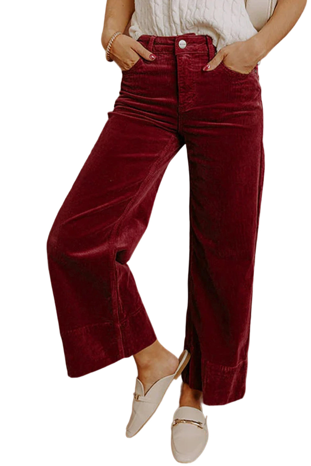 Burgundy Corduroy High Waist Wide Leg Pants