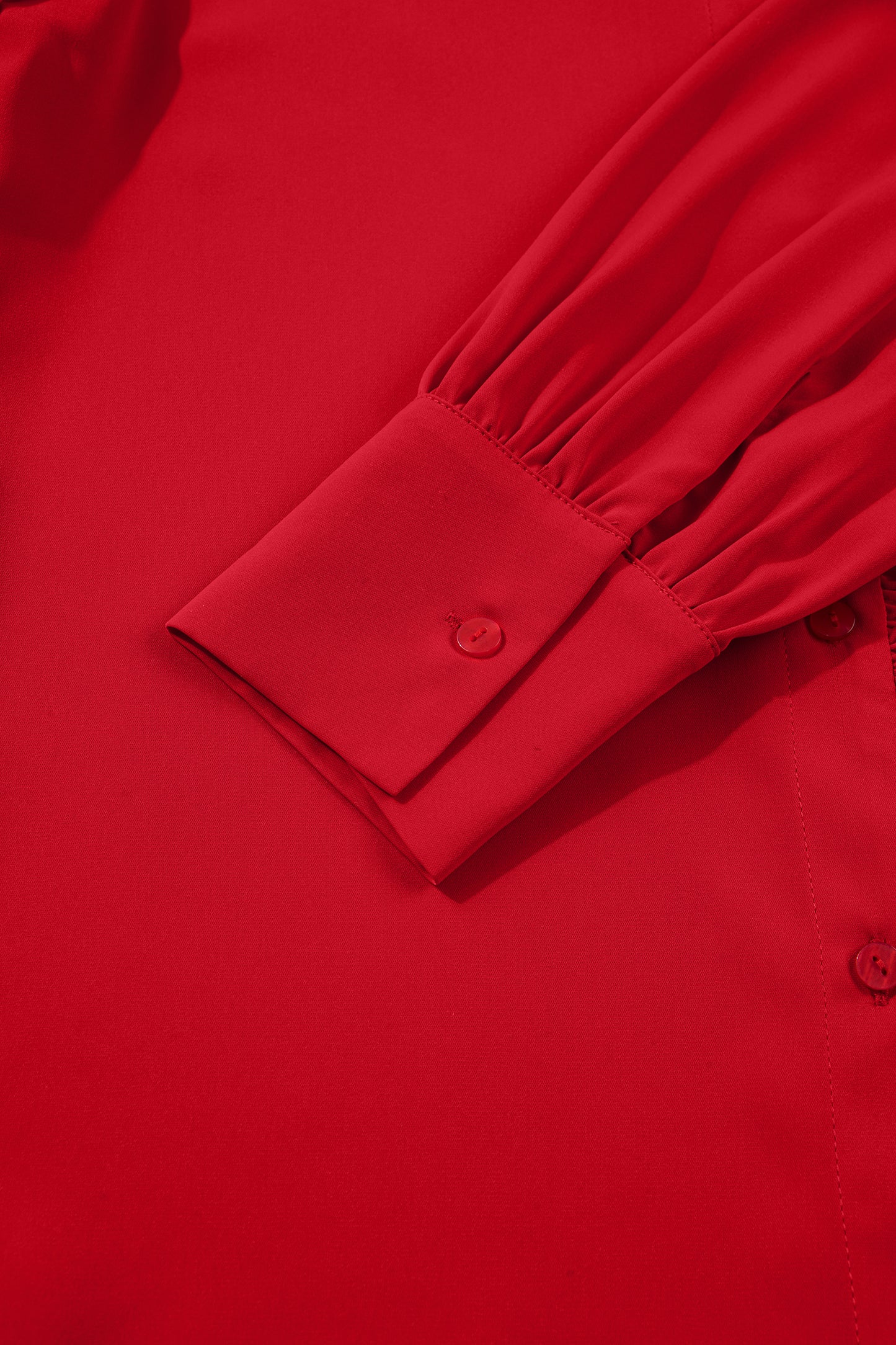 Fiery Red Frilled Trim Button Up Pleated Long Sleeve Shirt