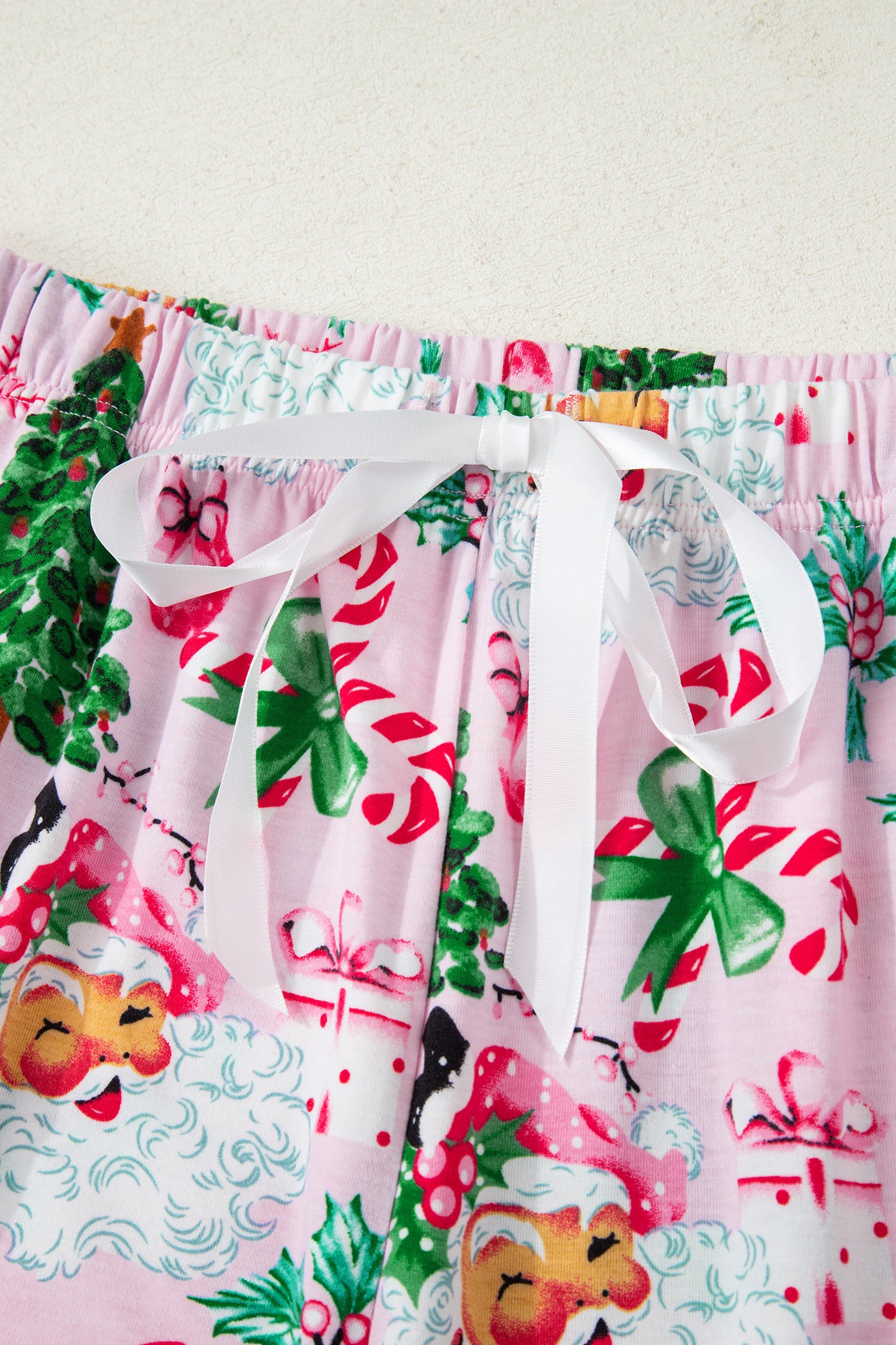 Pink Christmas Pattern Button V Neck Pullover and Drawstring Pants Lounge Set