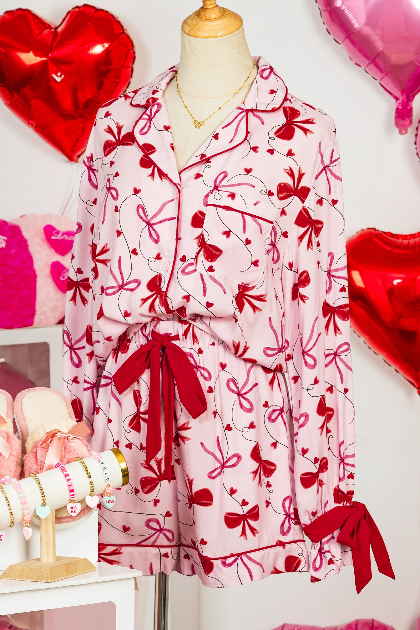Bow Print Valentine Long Sleeve Shirt & Shorts Pajama Set