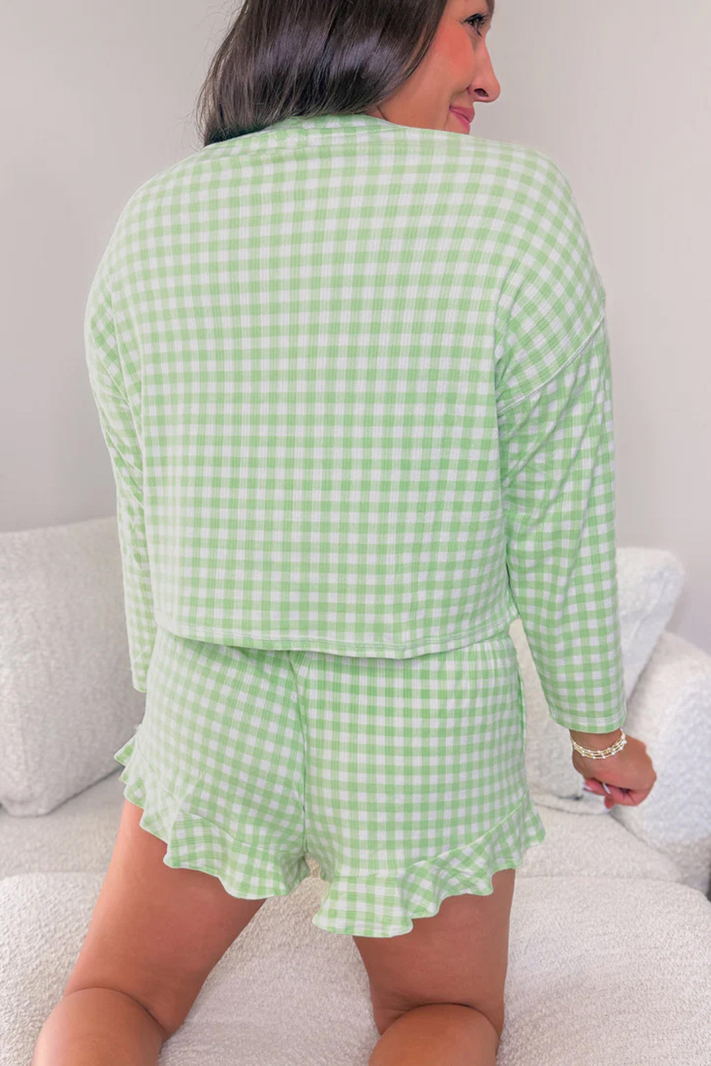 Gingham Long Sleeve Loose Top & Drawstring Shorts Lounge Set