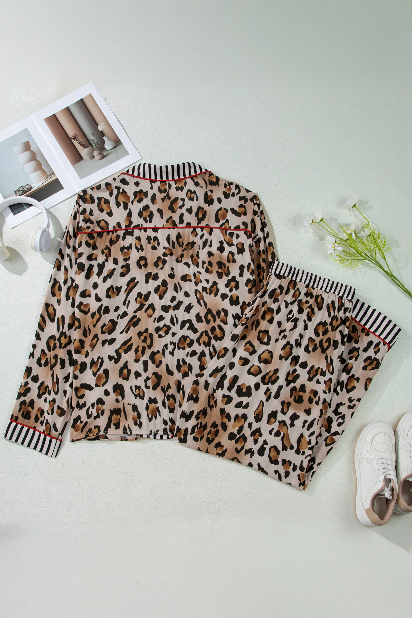 Leopard Print Striped Patchwork Pajama Set - 2-Piece Long Loungewear