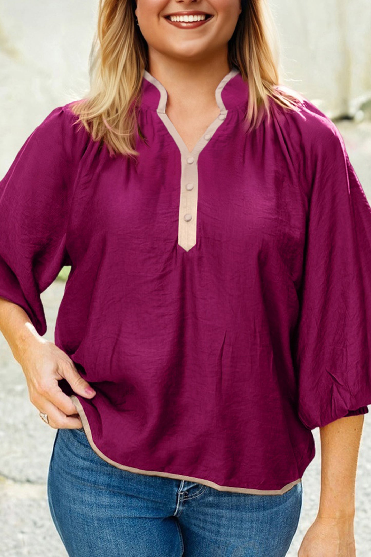 Contrast Trim Button V Neck Puffy Bracelet Sleeve Blouse - Plus Size
