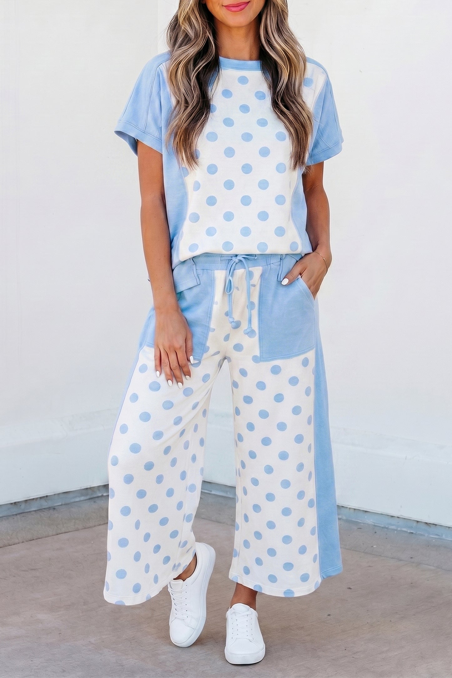 Pink Color Block Patchwork Polka Dot Wide Leg Pant Set