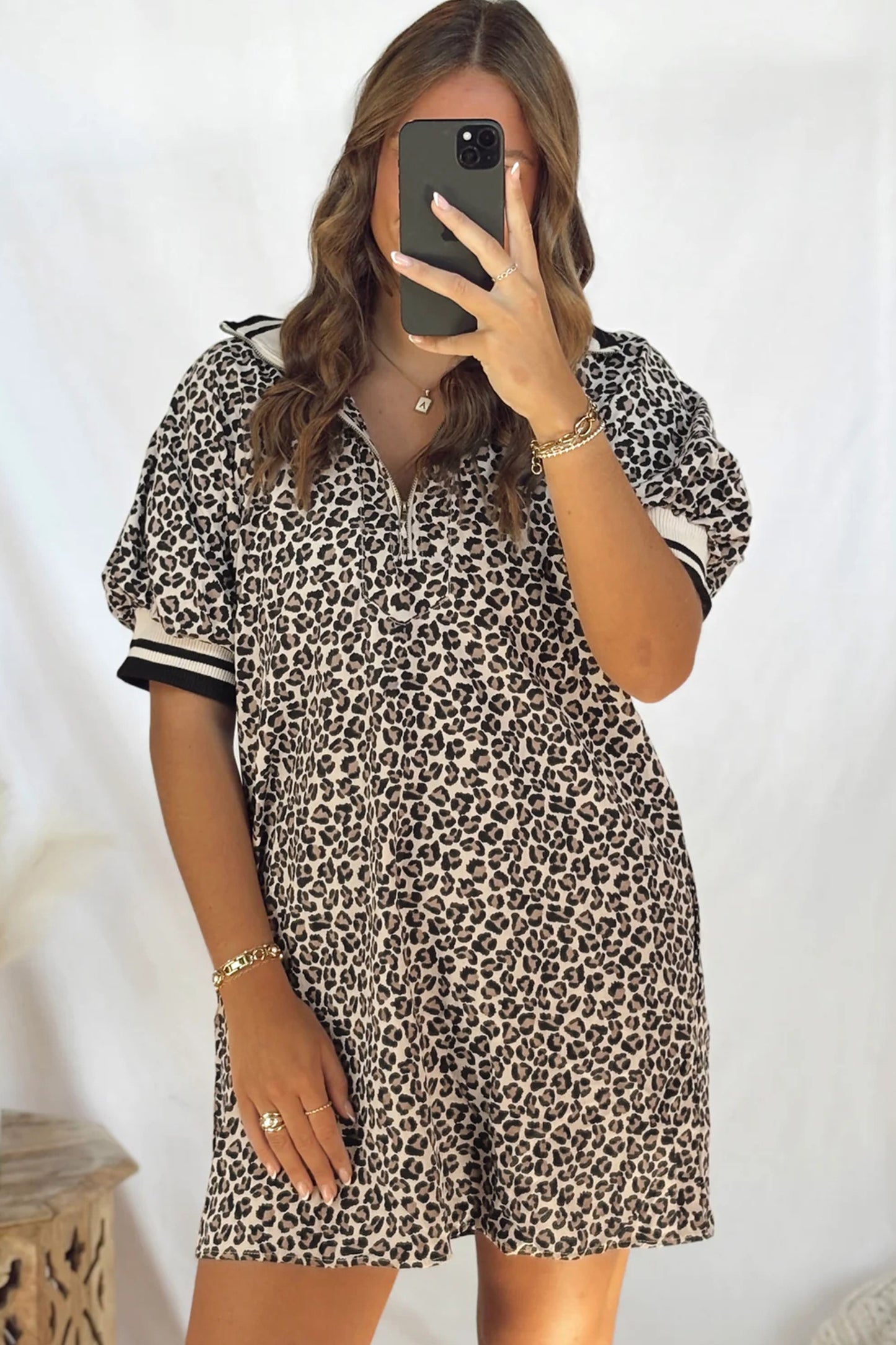 Leopard Print Zip Neck Striped Webbing Patchwork T-Shirt Mini Dress - Khaki