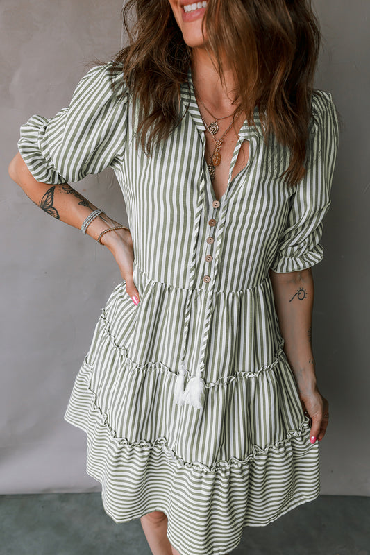 Striped Tasseled Tie Neck Ruffled Tiered Dress