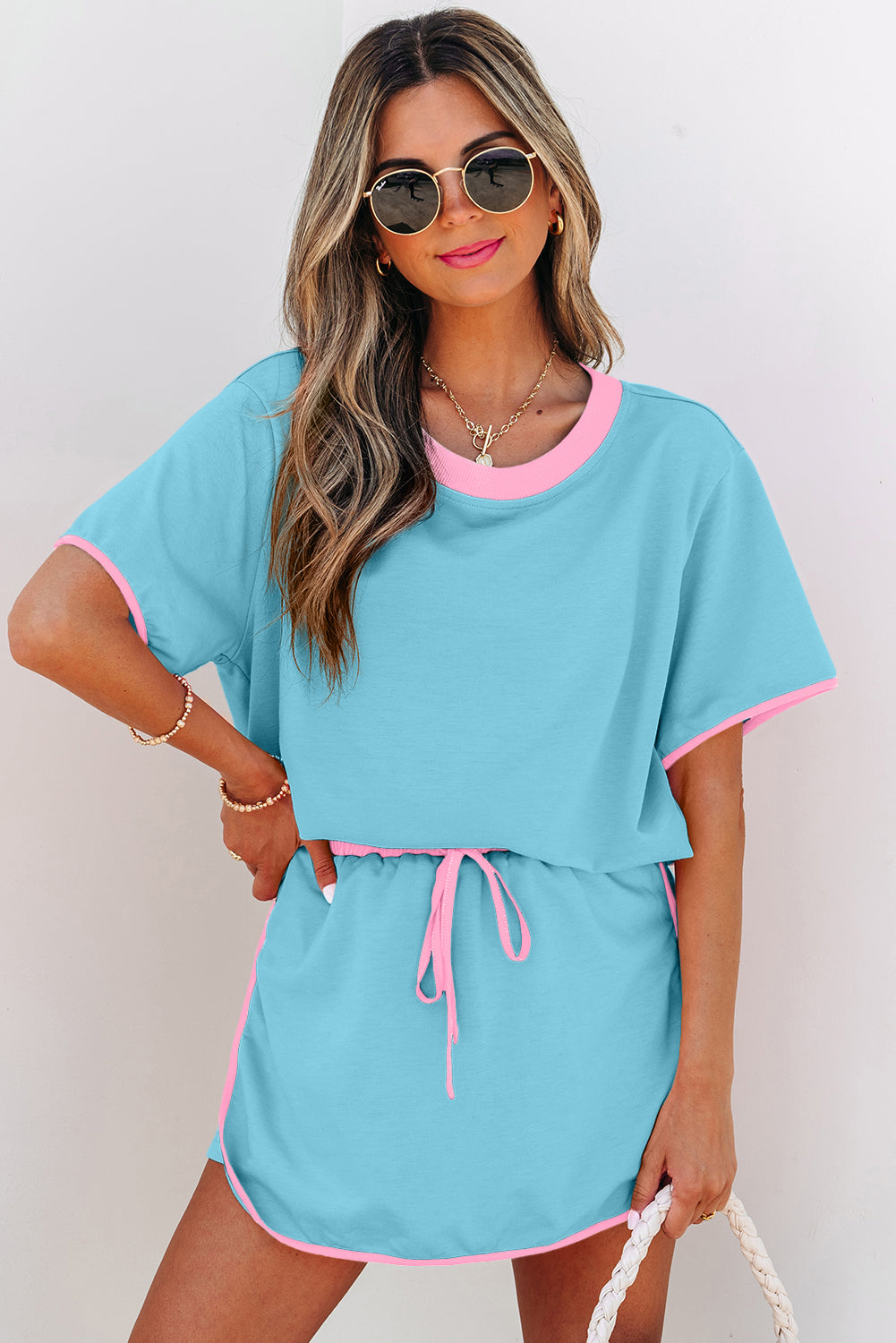 Turquoise Colourblock Edge Drop Shoulder T-Shirt and Skort 2-Piece Set