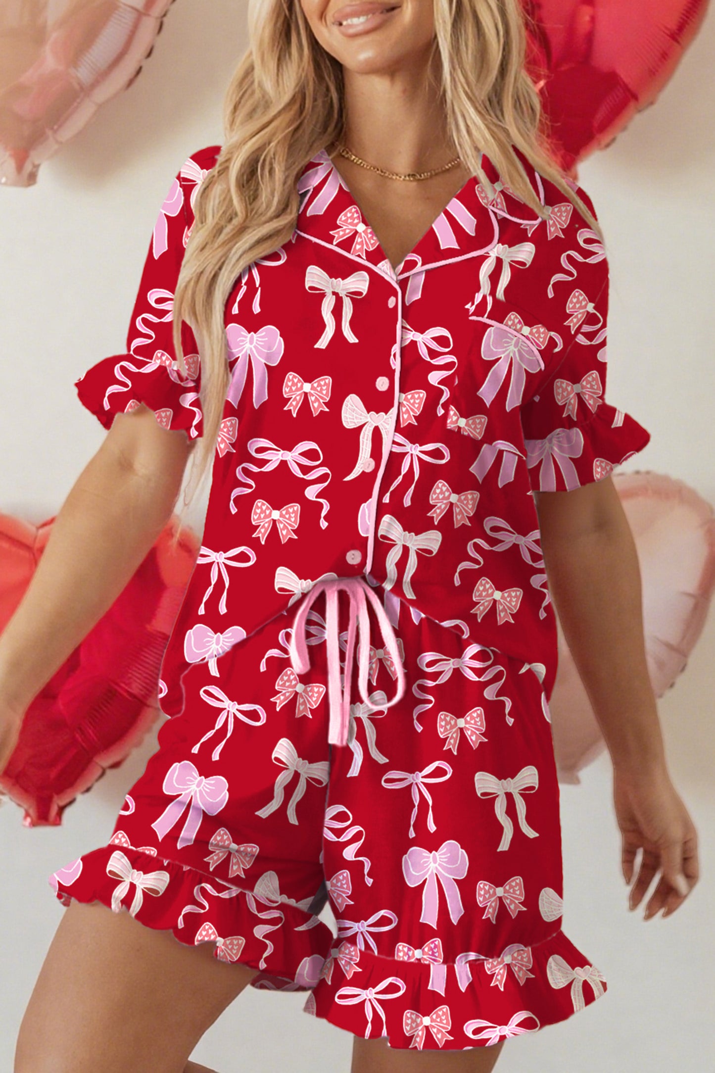 Red Sweet Bow Print Ruffled Short Sleeve Pajama Set