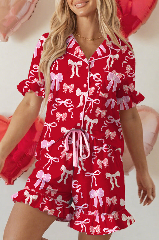 Red Sweet Bow Print Ruffled Short Sleeve Pajama Set